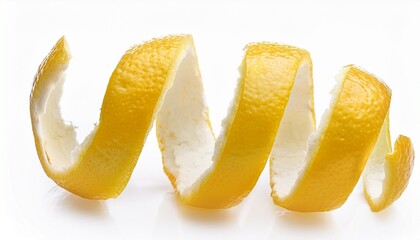 lemon peel in a perfect spiral isolated on white background great for food and beverage ads