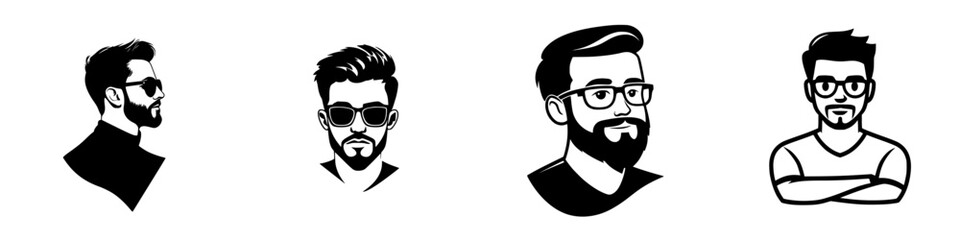 Set of four distinct black icons representing stylish male characters with different hairstyles and accessories