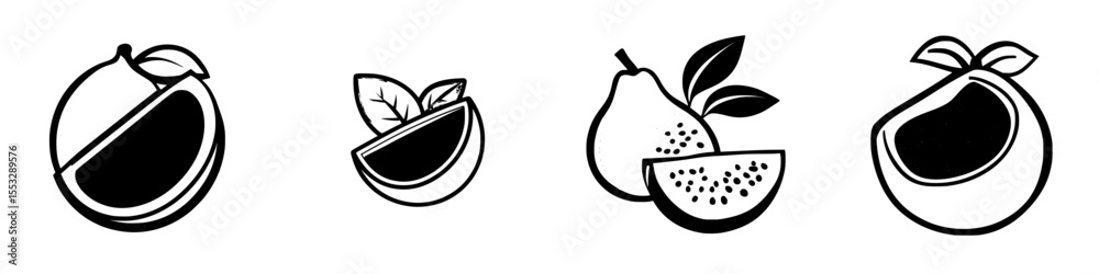 Wall mural set of black fruit icons showcasing sliced and whole fruits with leaves in a simple design style for