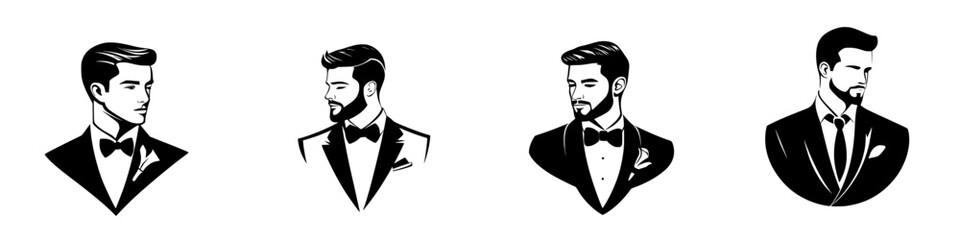 Elegant black icons of men in tuxedos showcasing various styles and poses for formal occasions and fashion design purposes