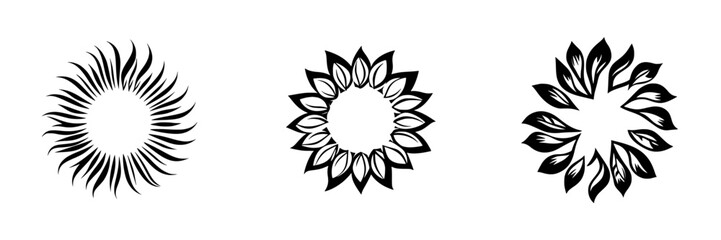 Obraz premium Set of three black icons featuring floral and sunburst designs for use in various graphic applications