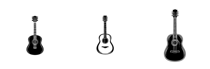 Elegant set of black icons showcasing guitars in various designs for musical art or branding purposes
