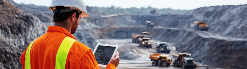 A construction worker in an orange safety suit and helmet uses a tablet in a quarry, overseeing mining operations and machinery.
