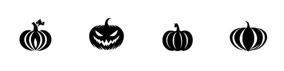 Black icon set featuring silhouettes of pumpkins in various designs for Halloween themed decorations and graphics