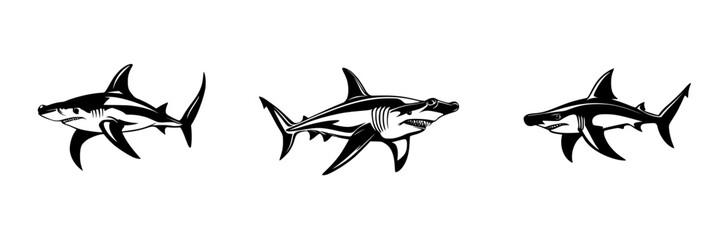 Obraz premium Set of three black shark icons designed for marine-themed graphics
