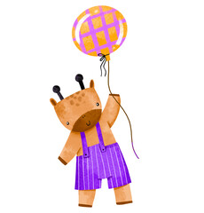 Baby cartoon giraffe fly on air hellium balloon. Watercolor illustration
