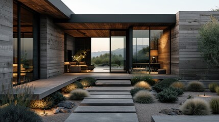 This contemporary home features sleek architecture, large glass windows promoting indoor-outdoor living, and serene landscaping that connects it to nature beautifully.