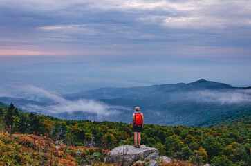 A person is standing on a rock in a forest. The person is wearing a backpack. The sky is cloudy and the sun is setting