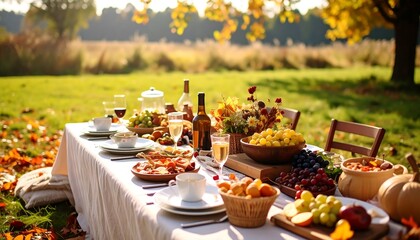 Rustic festival meal arranged in warm picnic scene with fall foliage