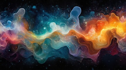 Ethereal nebulous waves flowing across cosmic space blending vibrant colors in a stunning abstract art majestic view