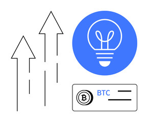 Rising arrows, lightbulb representing ideas and innovation, Bitcoin card denoting cryptocurrency and digital economy. Ideal for fintech, blockchain, growth, finance, investment, startups simple