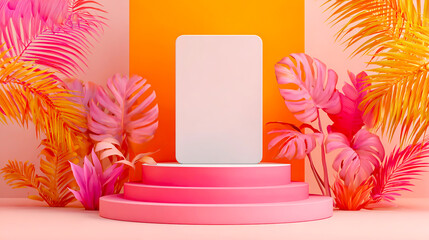 3D render of a colorful podium with a blank card in the center, set against a background of pink and orange pastel colors1