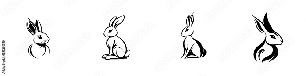 Wall mural black icons of rabbits displaying various poses and styles in minimalist design