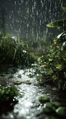 Fototapeta premium Raindrops Falling On Lush Green Plants in a Waterlogged Garden