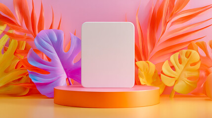 3D render of a colorful podium with a blank card in the center, set against a background of pink and orange pastel colors1