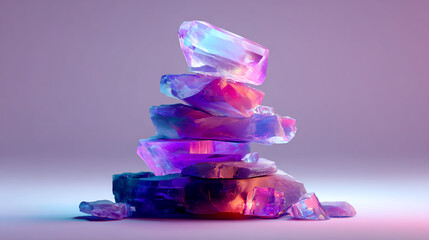 3D render of a colorful, glowing rock and crystal stack on a white background