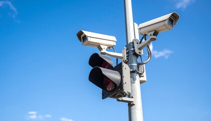 Low-angle photo of a red traffic light with CCTV camera mounted above, set against a clear blue sky. Ideal for urban safety, surveillance, smart city, or transportation visuals