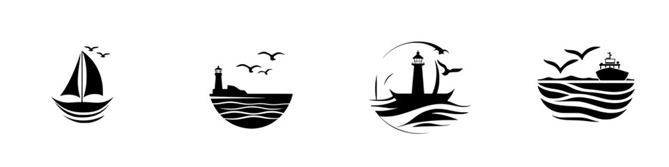 Black icons featuring maritime elements like sailboats, lighthouses, and fishing vessels in a minimalist style