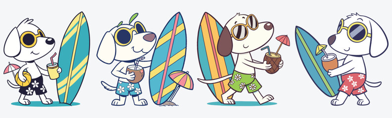 Cool beach puppies in summer outfits with surfboards and drinks simple flat design vector.