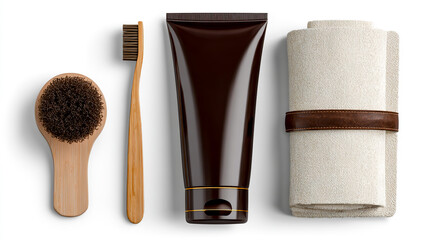 3D render of a dark brown blank beauty and spa tube mockup with a wooden toothbrush