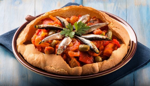 traditional alicantina coca with ratatouille and anchovies