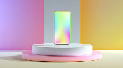 3D render of a levitating smartphone mockup on a pastel background with a podium