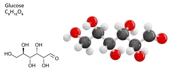 Glucose isolated on transparent background. Detailed 3D model of molecule. Molecular formula: C6H12O6. Chemical model: Ball and Stick. 3d illustration