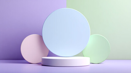 3D render of a simple white and pastel blue round empty vertical display stand mockup