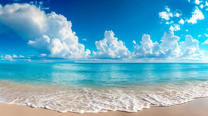 A wide, empty sand beach with a beautiful cloudy sky. Tranquil, serene landscape. 	

