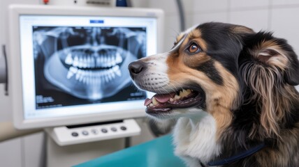 Happy dog at veterinary clinic with dental x-ray monitor in background