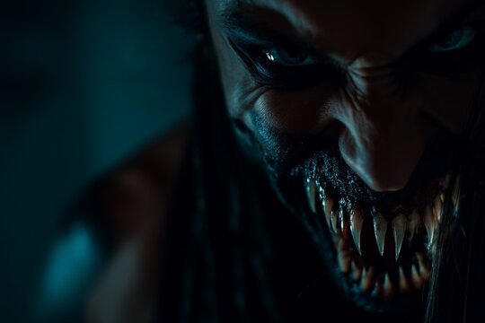 Close-up of a monstrous face with prominent fangs and intense eyes.