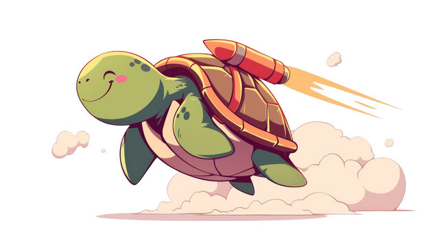 Cartoon turtle flying with rocket on shell leaving clouds of smoke behind.