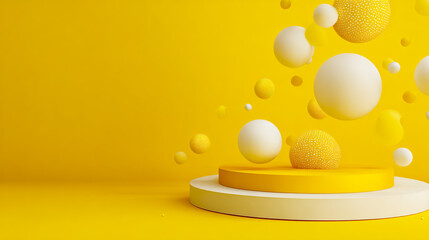 3D render of yellow and white spheres on a podium platform floating in the air against a yellow background