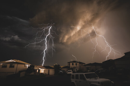 Lightning storm in Sydney suburbs in bad weather