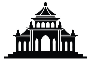 Ornate Silhouette Illustration of an Asian Inspired Temple with Tiered Roofs and Arches