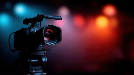 Professional Videographer Camera on Stage with Colorful Lights in Background for Recording Events