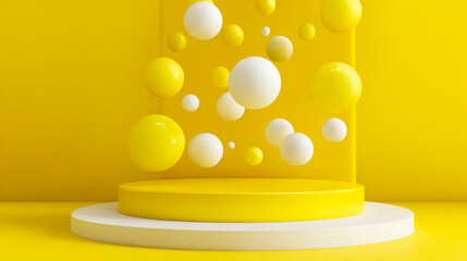 3D render of yellow and white spheres on a podium platform floating in the air against a yellow background
