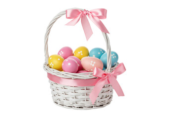 Isolated White Wicker Easter Basket Decorated with Pink Ribbons and Easter Eggs