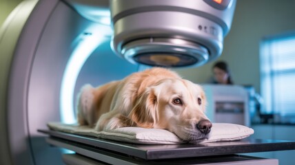 Golden retriever undergoing veterinary ct scan in modern clinic for health checkup