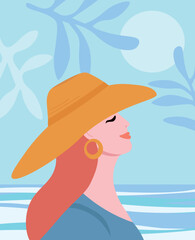 Woman in a hat in profile on vacation against the background of leaves, sea and sun. Vector graphics.