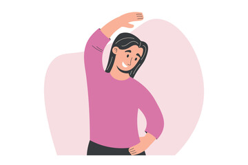 Young woman stretching with one arm overhead and the other on her waist. Flat vector isolated illustration perfect for fitness, healthy lifestyle, and workout-related projects.