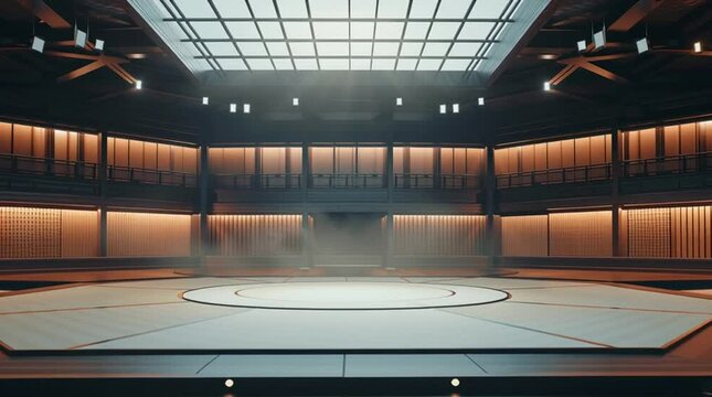 Empty Illuminated Sumo Arena with Traditional Circular Ring and Ambient Lighting