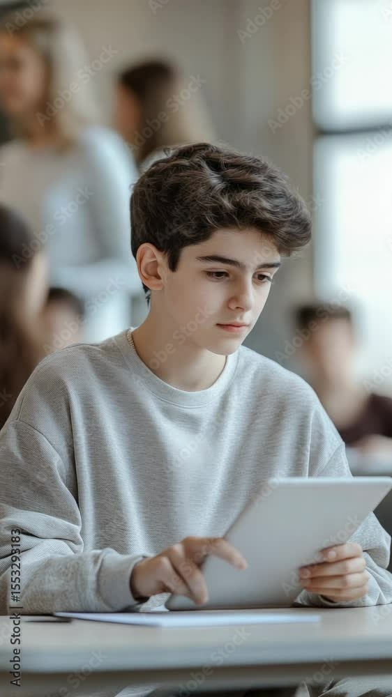 Poster focused pupil using digital tablet during class at school, representing modern education and the int