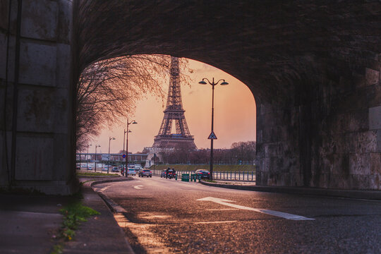 winter Paris, view of Eiffel Tower at sunset, Paris cityscape, France