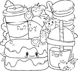 A fun and whimsical black and white doodle artwork showing a group of cute cartoon characters, including a smiling star, a frog, a flower, and other imaginative creatures, 