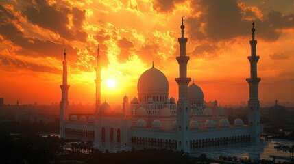 Grand Mosque Marvel at Sunset Majestic Arabesque Architecture and Scenic Skyline under a Warm Golden Cloudy Sky