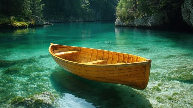 Serene yellow rowboat on pristine turquoise lake mirroring lush forest reflection in tranquil picturesque scenery