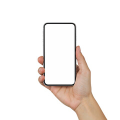 Woman s hands holding a smartphone horizontally with a blank white screen and touching it isolated on transparent background