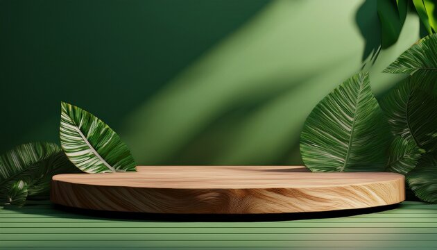 3d wooden podium display with leaf shadow copy space green background cosmetics or beauty product promotion mockup natural stone step pedestal trendy minimalist banner 3d render illustration - Powered by Adobe