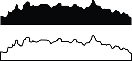 Set of mountain silhouette or vintage hill peak for forest logo or nature landscape designs. Camping or climbing sports and travel icons flat and outline styles. Outdoor hiking adventure illustration.